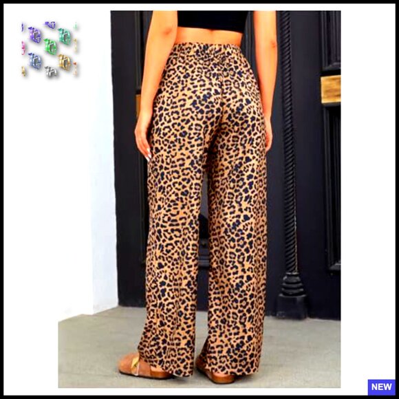 Leopard Print Wide Leg Palazzo Pants Elastic High Waist Casual Chic Y2K - Picture 2 of 6